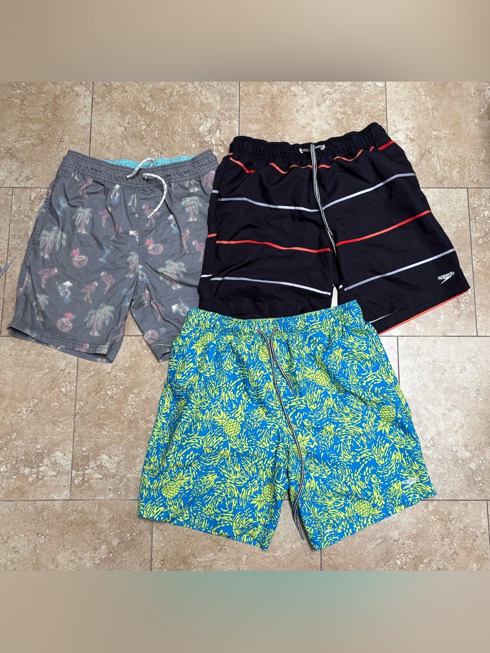 Men's small Speedo Blue & Neon Green Pineapple Swim Shorts -3 pairs